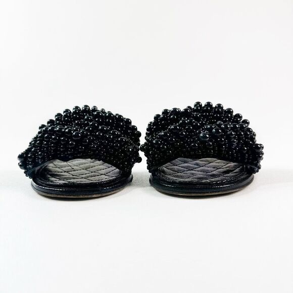CHANEL Black Fantasy Pearl Cord Sandals Size 37 Mules Open Toe Slides CC Flat - Picture 5 of 12